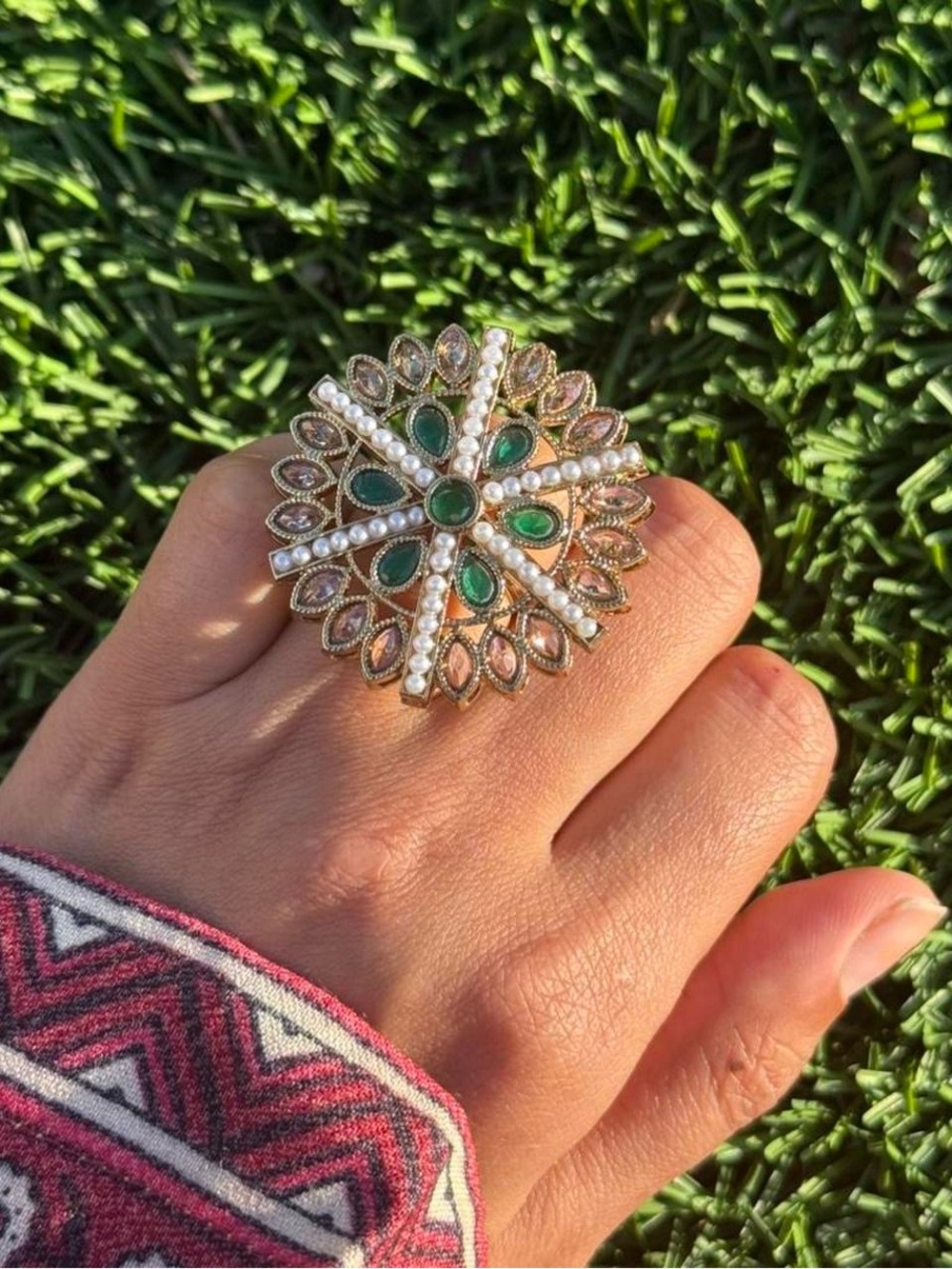New | Pakistani Luxury Gold/Green Polki Pearl Adjustable Ring
